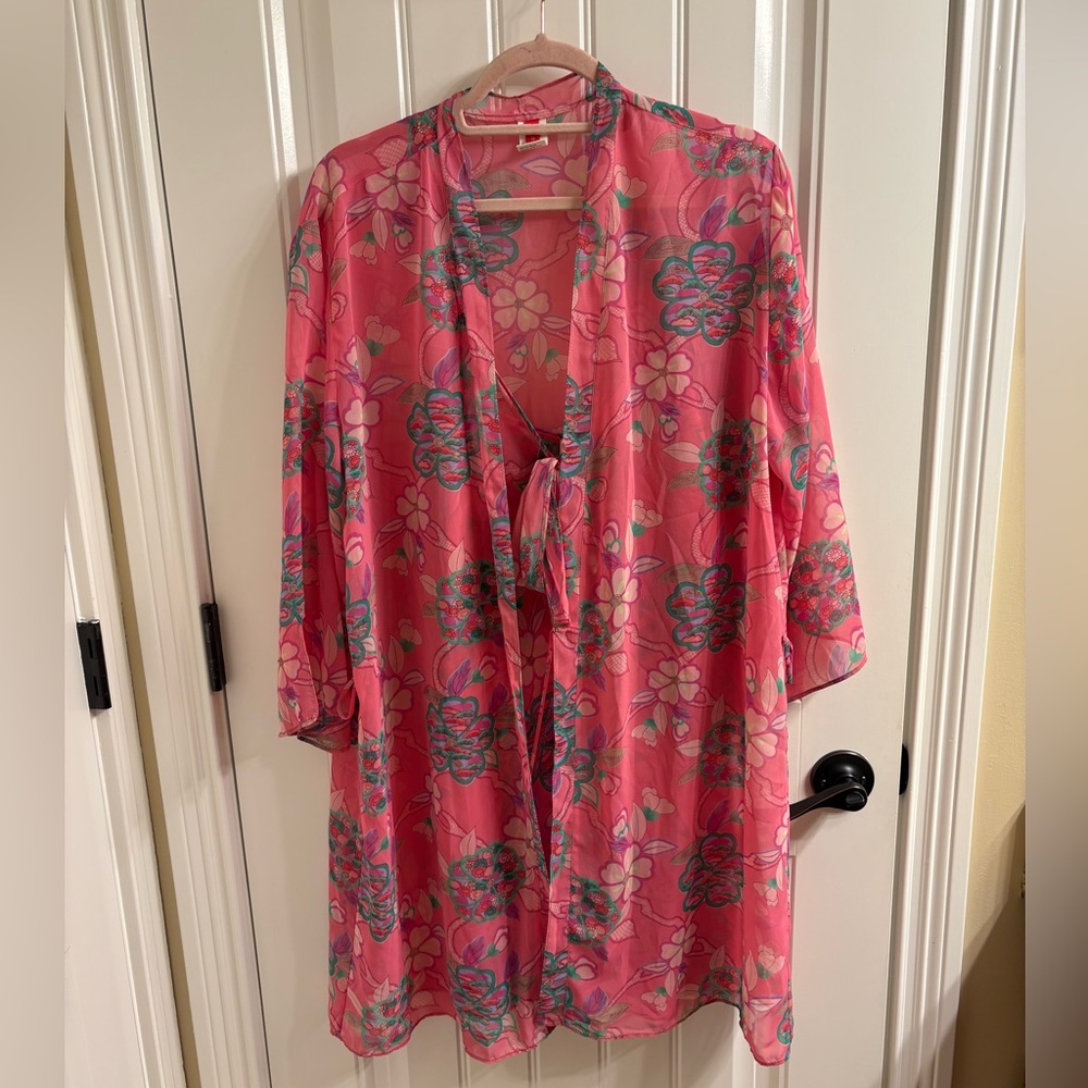 Josie Natori Sheer Pink Floral Robe Nightie Nightgown Pegnoir Set Size M
